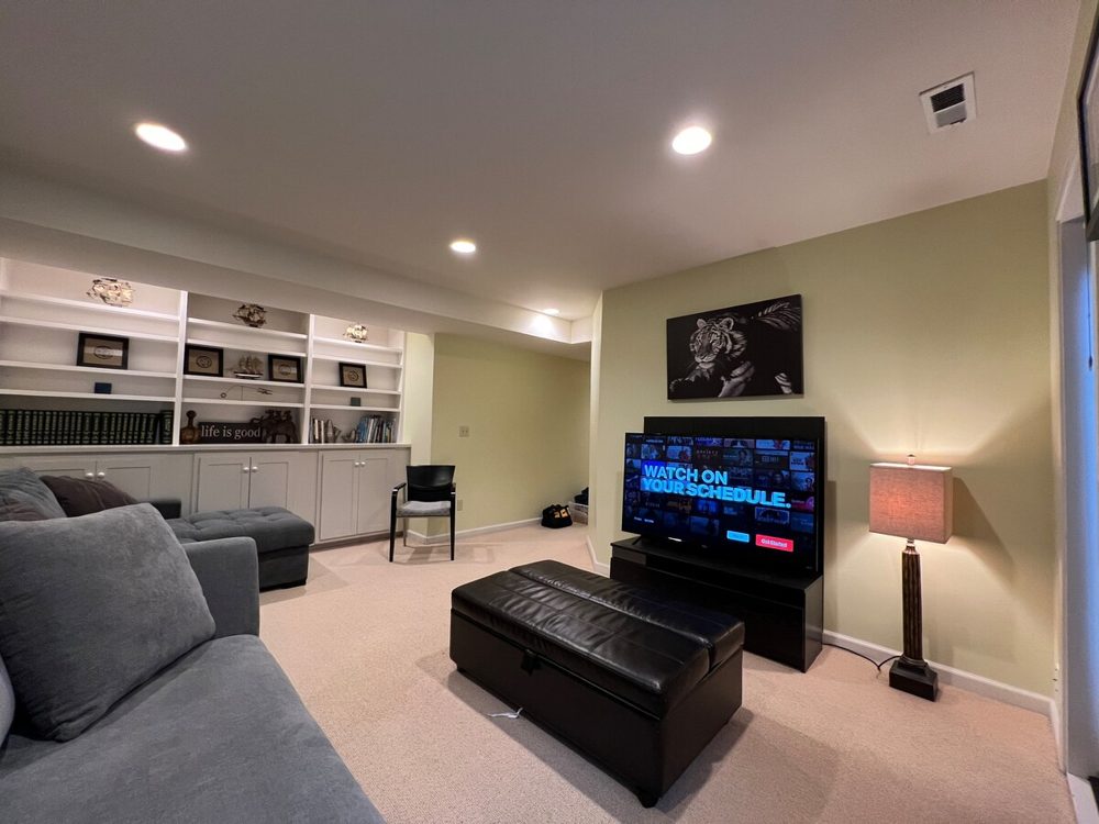 Lower-level family room with TV